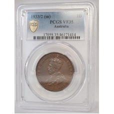 AUSTRALIA 1933/2 . ONE 1 PENNY . VARIETY . OVERDATE . PCGS XF35